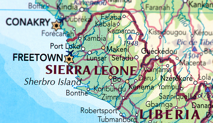 Mapa que muestra Sierra Leona y Liberia.