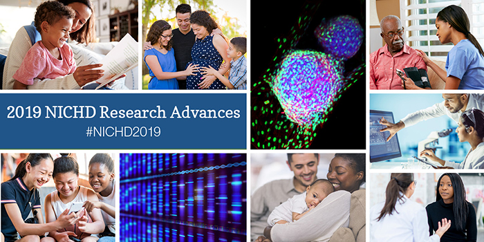 Infocard tiene el texto '2019 Research Advances # NICHD2019' en un cuadro azul rodeado de varias imágenes.