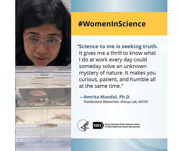 Cita de Mujeres en la Ciencia de la Dra. Amrita Mandal, investigadora posdoctoral: “La ciencia, para mí, es buscar la verdad. Me emociona saber que lo que hago en el trabajo todos los días algún día podría resolver un misterio desconocido de la naturaleza. Eso nos vuelve curiosos, pacientes y humildes, todo al mismo tiempo.