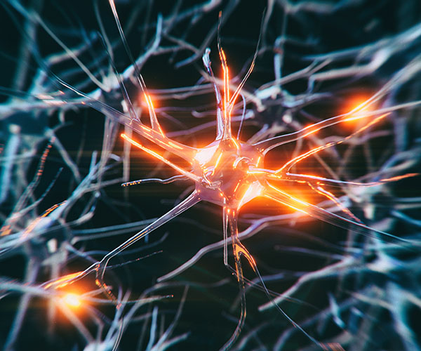 Ilustración tridimensional de células neuronales interconectadas con pulsos eléctricos.