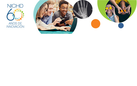 Una serie de tres imágenes relacionadas con la salud de los adolescentes que incluyen: tres adolescentes mirando una computadora portátil (izquierda), una radiografía de una mano (centro) y dos personas acostadas mientras se tapan los ojos con flores (derecha) junto con el logotipo de los 60 años del NICHD.