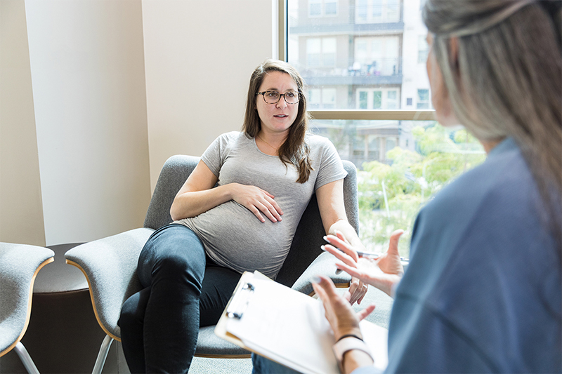 Persona embarazada hablando con un profesional médico sosteniendo un cuaderno.