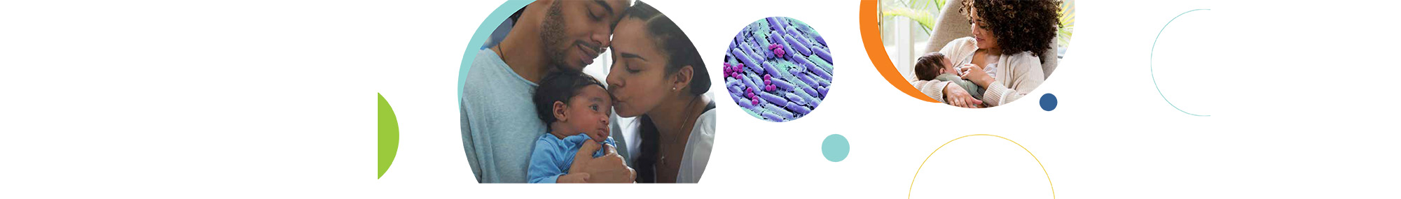 Una serie de tres imágenes circulares relacionadas con la lactancia materna y la leche humana, que incluyen padres sosteniendo y besando a su bebé (izquierda), una imagen ampliada de bacterias de la leche materna (centro) y una madre amamantando a su bebé (derecha).