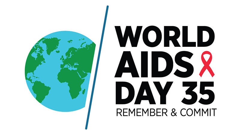 Imagen de un globo terráqueo. 35.º Día Mundial del SIDA. Imagen de un lazo rojo. Recuerde y comprométase.