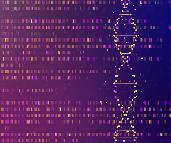 La secuenciación de ADN se visualiza como filas de rectángulos en tonos púrpura, naranja y dorado a lo largo de todo el fondo. En el lado derecho, una cadena de ADN corre de forma vertical.