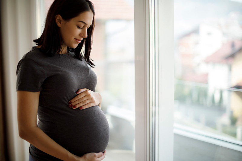 Una persona embarazada con las manos en el abdomen, parada delante de una ventana.