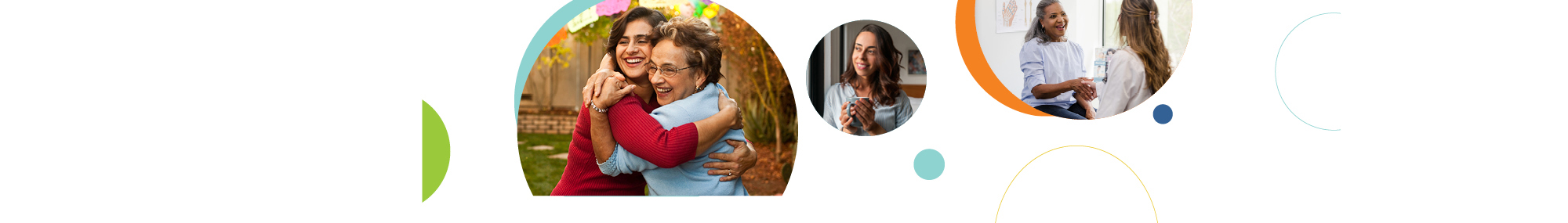 Serie de tres imágenes circulares relacionadas con la salud de las mujeres: dos mujeres abrazadas (izquierda), una mujer sonriendo y mirando por una ventana (centro) y una mujer hablando con un proveedor de atención médica (derecha).