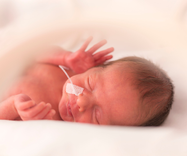 Imagen de un bebé recién nacido prematuro en una incubadora de hospital.
