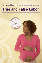 Una mujer embarazada mirando el reloj; texto en la parte superior: Conozca la diferencia entre el trabajo de parto verdadero y falso